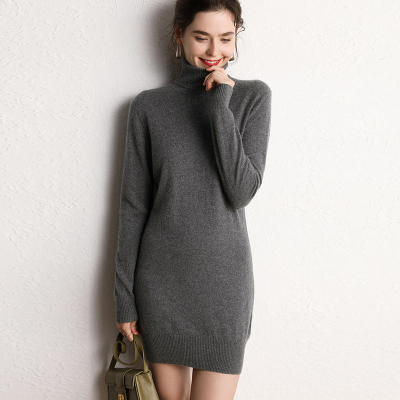 High collar cashmere dress women 2024 autumn and winter solid color cashmere hip skirt mid-length knitted bottoming sweater dress