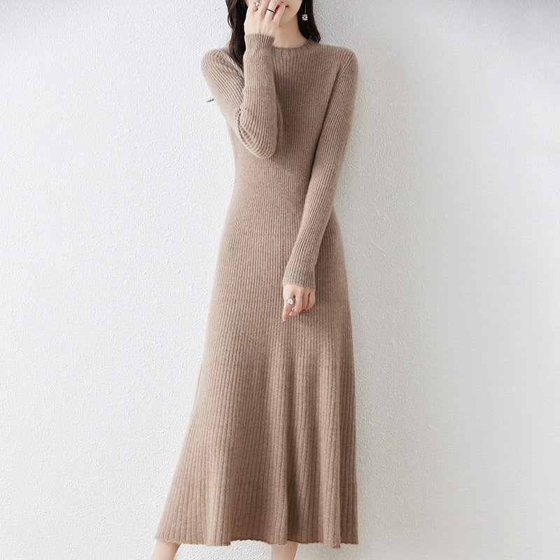 French wool dress women's 100% pure wool bottoming long skirt slim long sleeve cashmere sweater dress autumn and winter new