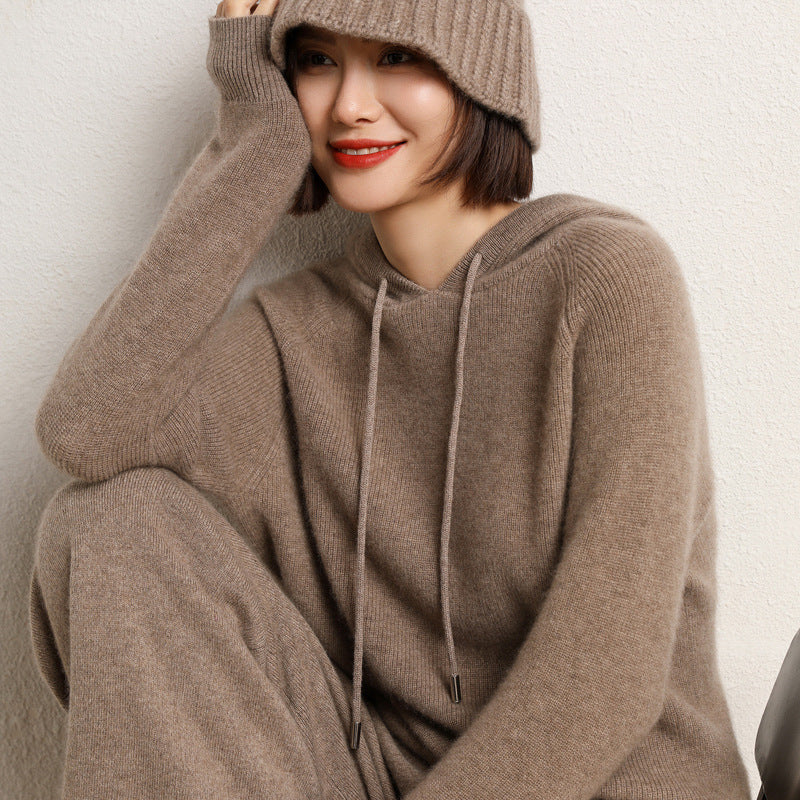 Hooded Cardigan Sweater Women 100 Wool Autumn and Winter New Style Hooded Cashmere Sweater Knitted Bottom Hoodie Thick