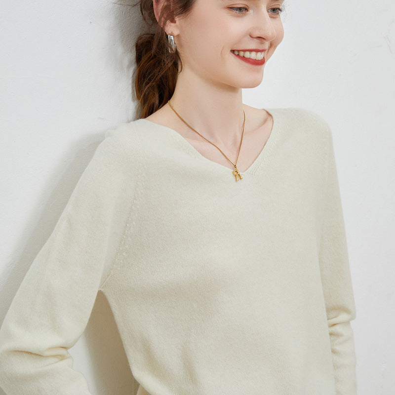 Wool base sweater V-neck knitted loose cashmere sweater slim top autumn and winter