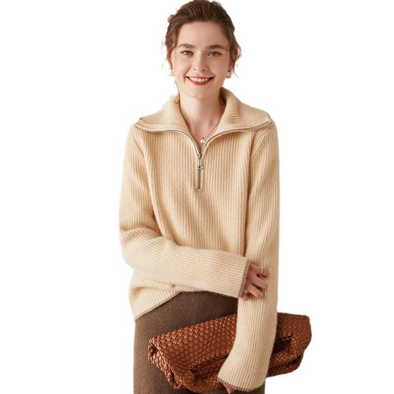 Half zipper Yuanbao needle lapel cashmere sweater for women half turtleneck casual thickened pullover loose versatile knitted sweater